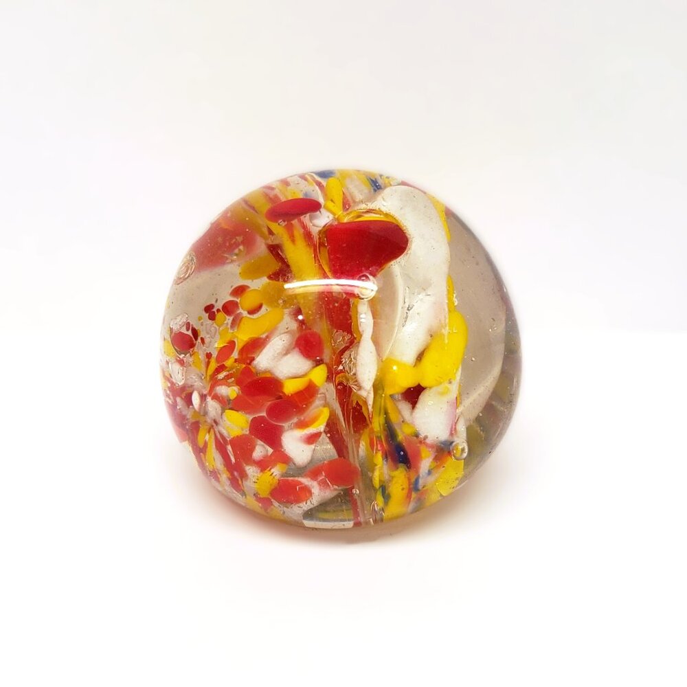 Art Glass Paperweight White Red White Yellow Bubbles Handmade Round 2" Tall